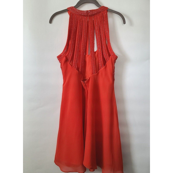 ASOS Sequined Halter Skater Dress Sz 10 Red Sleeveless Chiffon Fit Flare EUC - Picture 3 of 10